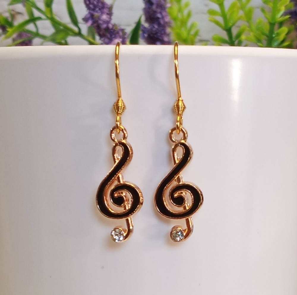 Black Treble Clef Dangle Hook Earrings with Jewel